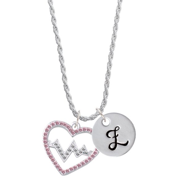 Delight Jewelry Silvertone Large Pink Crystal Heart with Clear Heartbeat Silvertone Script Initial Disc - Z - Charm Necklace, 20"+3"
