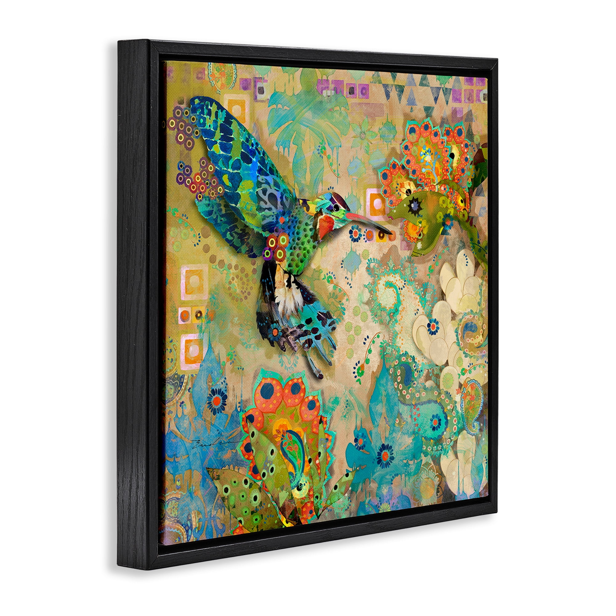 Stupell Industries Boho Hummingbird Pattern Animals & Insects Painting Black Floater Framed Canvas Art Print Wall Art, 18 x 18