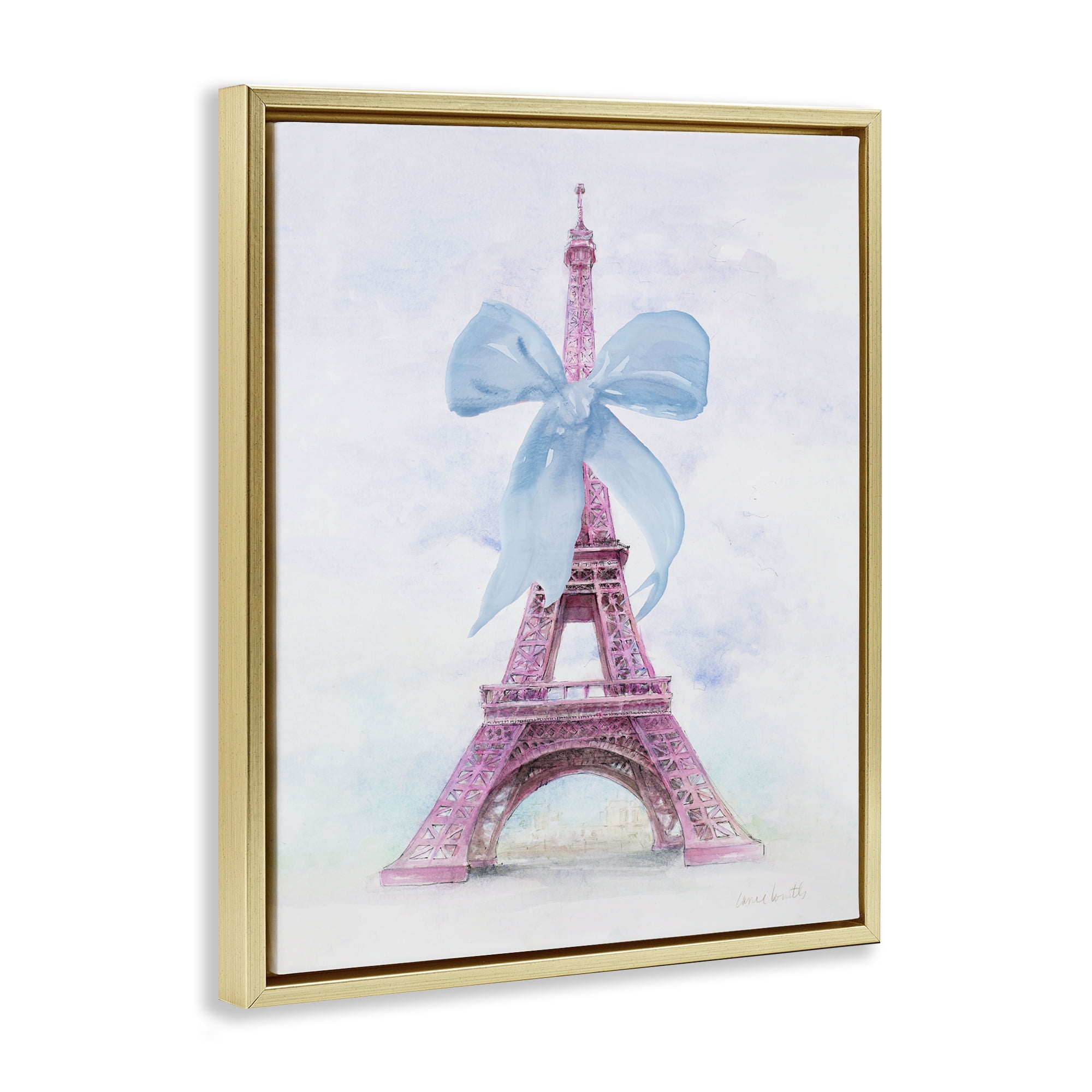 Stupell Industries Pretty Bow Eiffel Tower Buildings & Architecture Painting Gold Floater Framed Canvas Art Print Wall Art, 25 x 31