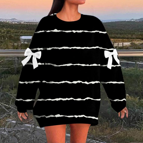 Women's Solid Color Striped Print Sweatshirt, Elbow Bow Detail Pullover, Thin Line Pattern Top, Long Sleeve Casual Blouse, Decorative Bow Accent Shirt Black L