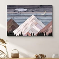 PixonSign Canvas Print Wall Art Woodblock Crescent Moon & Mountain Nature Wilderness Wood Panels Modern Art Contemporary Scenic Relax/Calm Multicolor Warm for Living Room, Bedroom, Office - 12x18