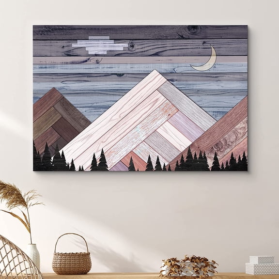 PixonSign Canvas Print Wall Art Woodblock Crescent Moon & Mountain Nature Wilderness Wood Panels Modern Art Contemporary Scenic Relax/Calm Multicolor Warm for Living Room, Bedroom, Office - 12x18