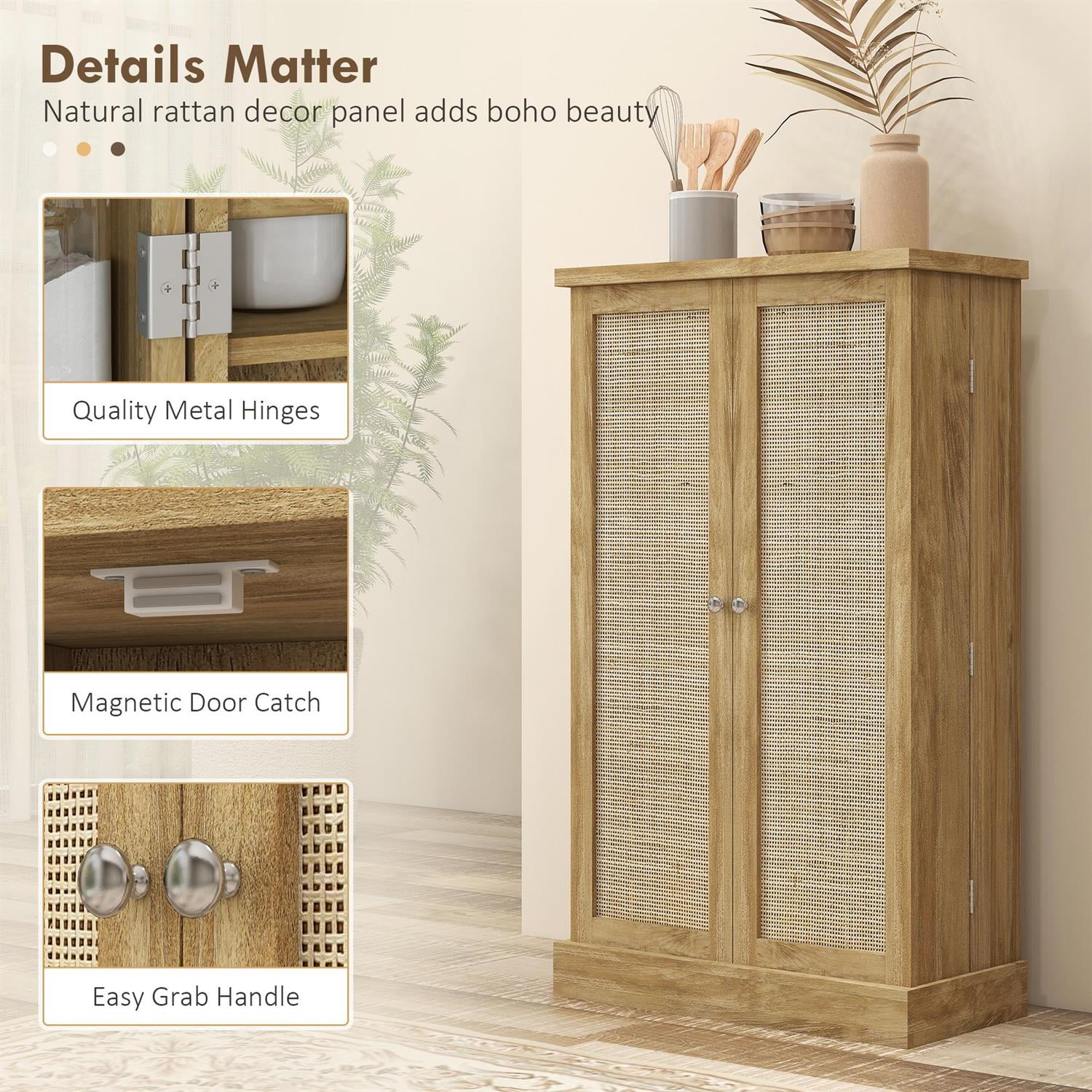 Demi Bonn 41" Rattan Kitchen Storage Cabinet with 12 Spice Racks, Adjustable Shelves, Natural Wood Look for Home & Kitchen, Brown