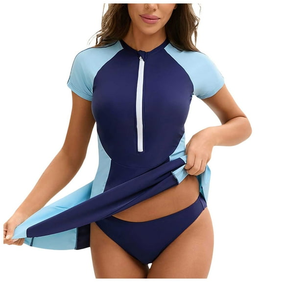 Hauetro Womens Rash Guard One Piece Swimsuit Zipper Short Sleeve Swim Dress with Shorts Modest Bathing Suit Athletic Swimskirt(Blue,XXL)