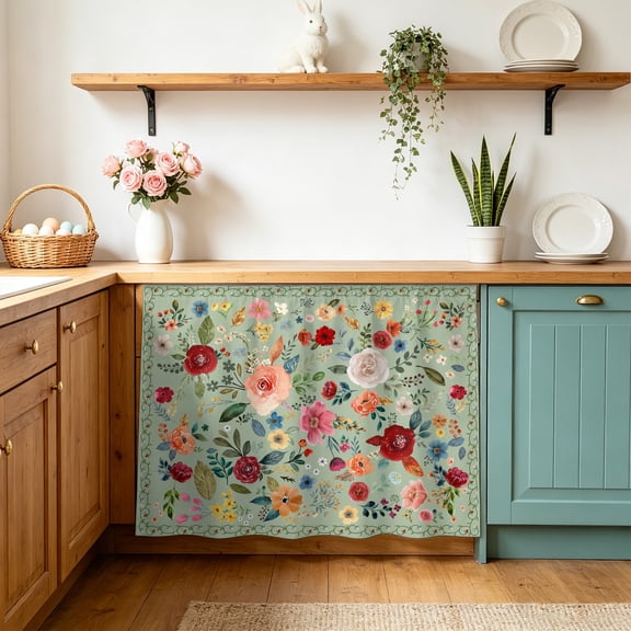 Sage Green Floral Small Sink Skirt 10"Wx11"L,Dustproof Under Sink Curtain with Self Adhesive Tape,Spring Flowers Leaves Farmhouse Cabinet Curtain Cover for Bathroom Vanity,Kitchen Storage Shelf,RV