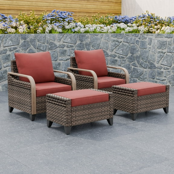 INTER HUT Modern Wicker Patio Chairs, Outdoor Chairs with Steamlined Armrest, Rattan Chair Patio Furniture, 2 Chairs 2 Ottomans, Brown/Red