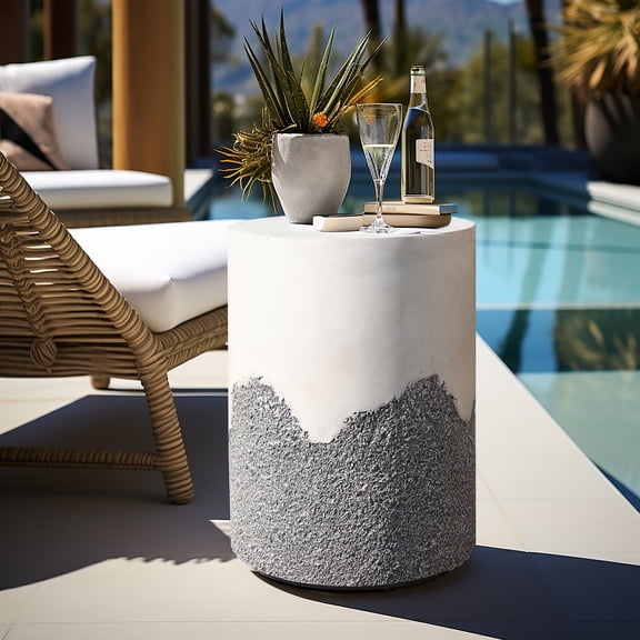 LuxenHome Outdoor Side Table, 17.7” Round Gray and Cream Patio Accent Table for Indoor or Outdoor Use