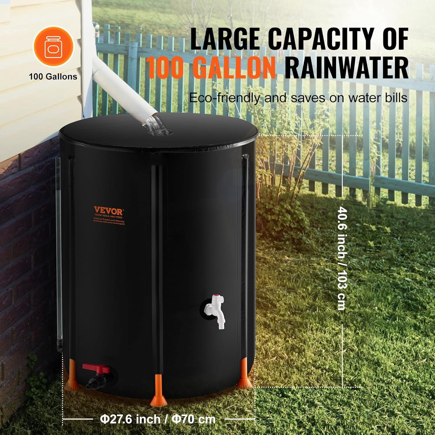 100 Gallon Collapsible Rain  with Spigots and Overflow Kit - Portable Water  for Garden Use