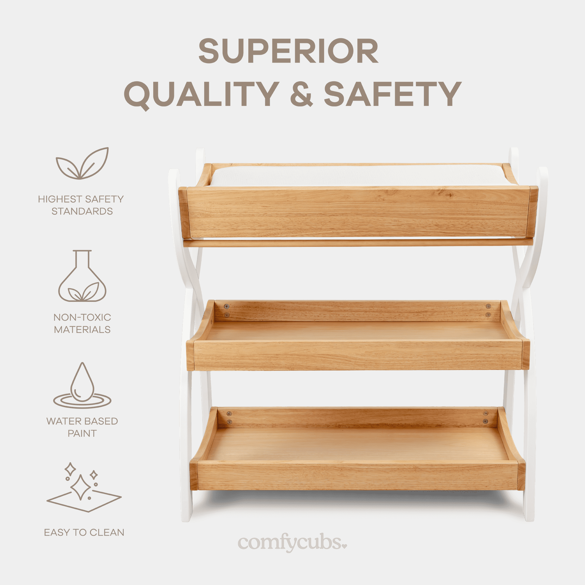 Comfy Cubs Baby Changing Table with Two Open Shelves for Storage - Natural Wood with White Legs
