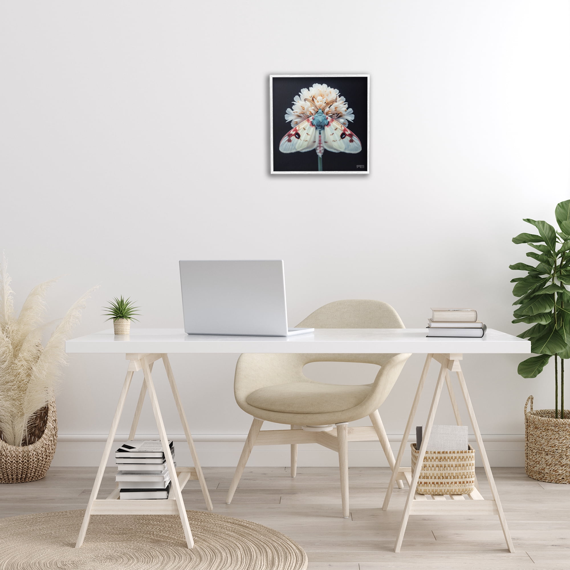 Stupell Industries Moth & White Flowers Animals & Insects Painting White Framed Art Print Wall Art, 17 x 17
