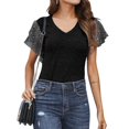 thumbnail image 4 of Camiseta de mujer Verano Cuello en V Gasa Lentejuelas Manga corta Camiseta casual, Negro, M sidaley AP001323-10, 4 of 4