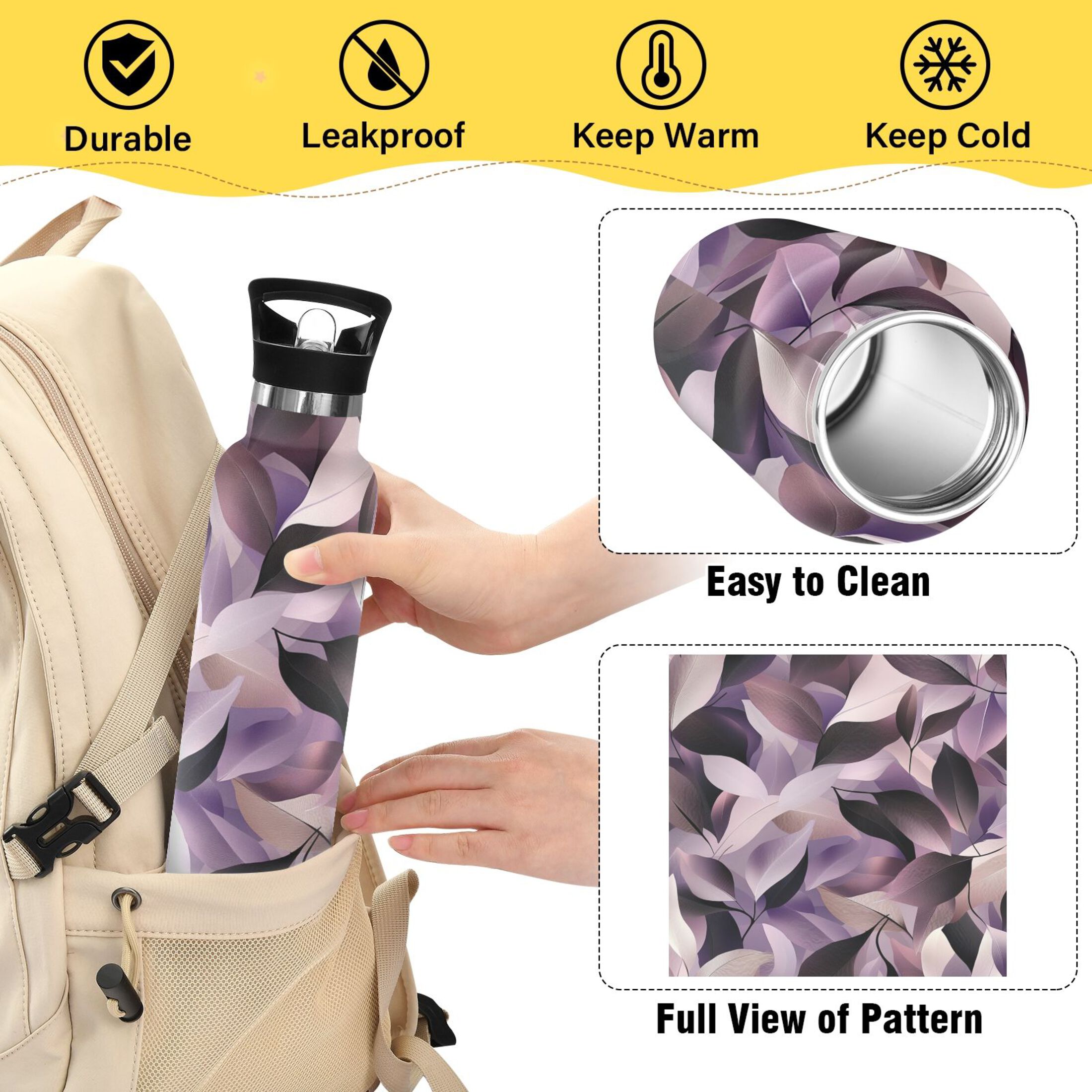 Kids Insulated Stainless Steel Sports Water Bottle 600ml (20oz) Purple Abstract Leaves