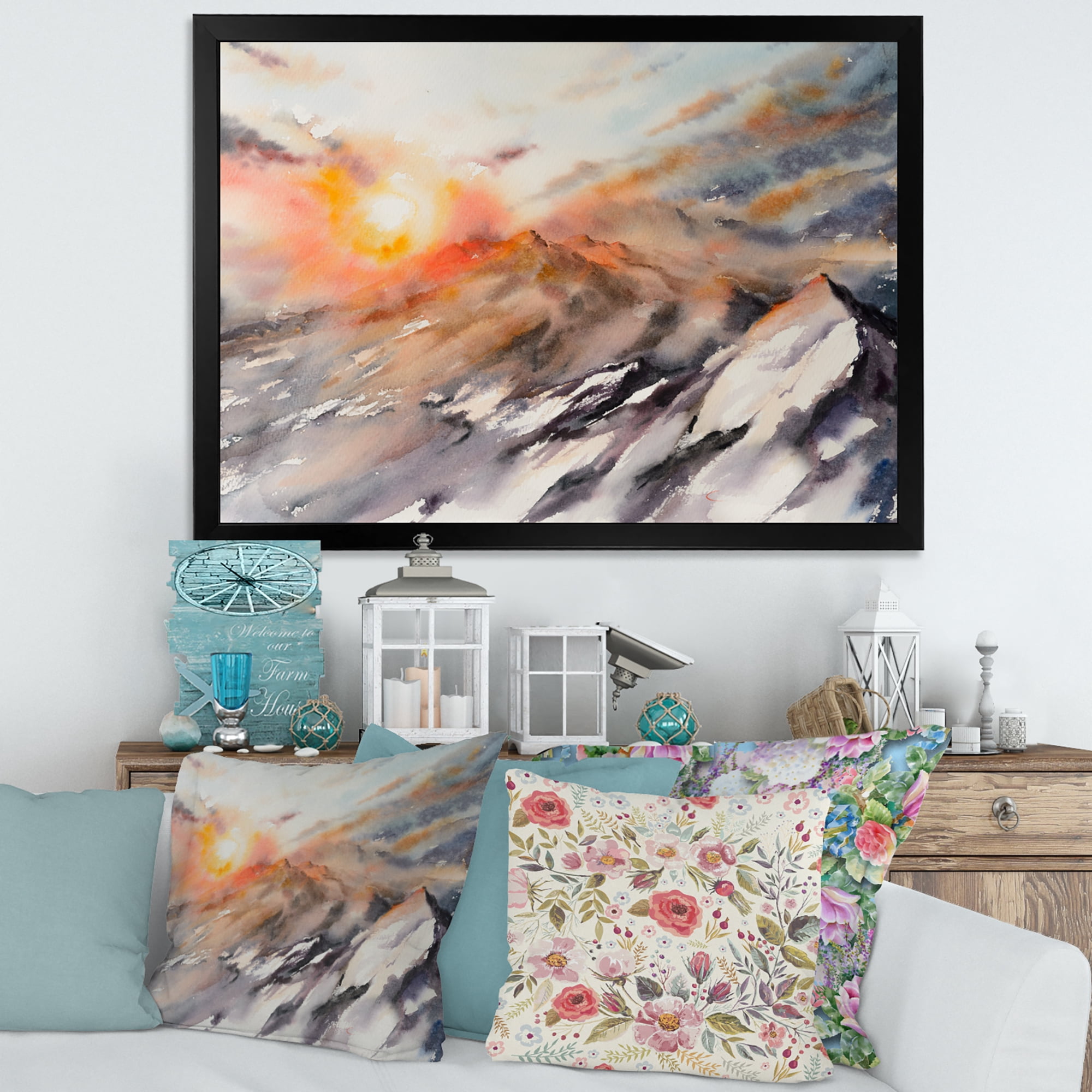 Designart 'Majestic Sunset Glow on The Mountains Landscape' Traditional Framed Art Print