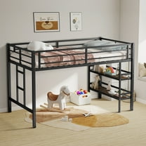Aukfa Twin Metal Loft Bed with Storage Shelves, Heavy-Duty Steel Frame with Guardrails, Black, Kids & Teens Junior Bed