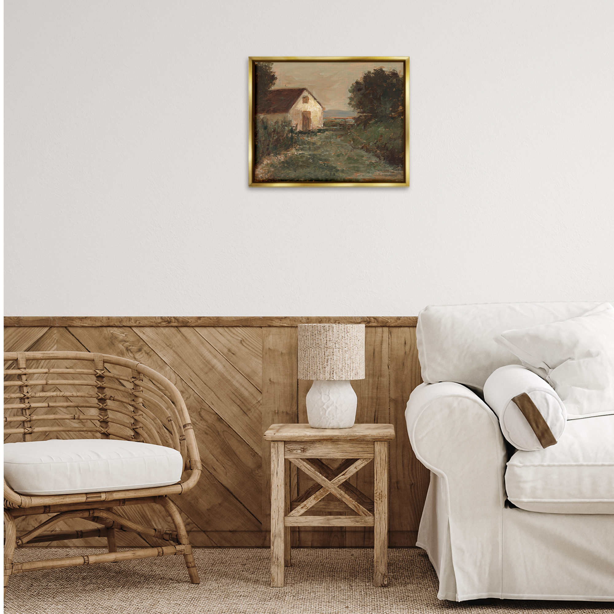 Stupell Industries Traditional Cottage by Sea Landscape & Nature Painting Gold Floater Framed Canvas Art Print Wall Art, 21 x 17