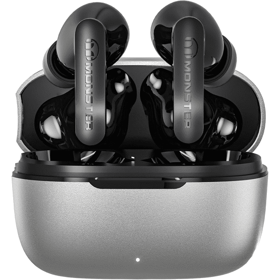 Monster N-Lite Clear Talk Wireless Earbuds Bluetooth 5.3 Headphones, IPX8 Waterproof in-Ear Stereo Earphones 60H Playtime, with Fast Charging for Sport, Bright Silver
