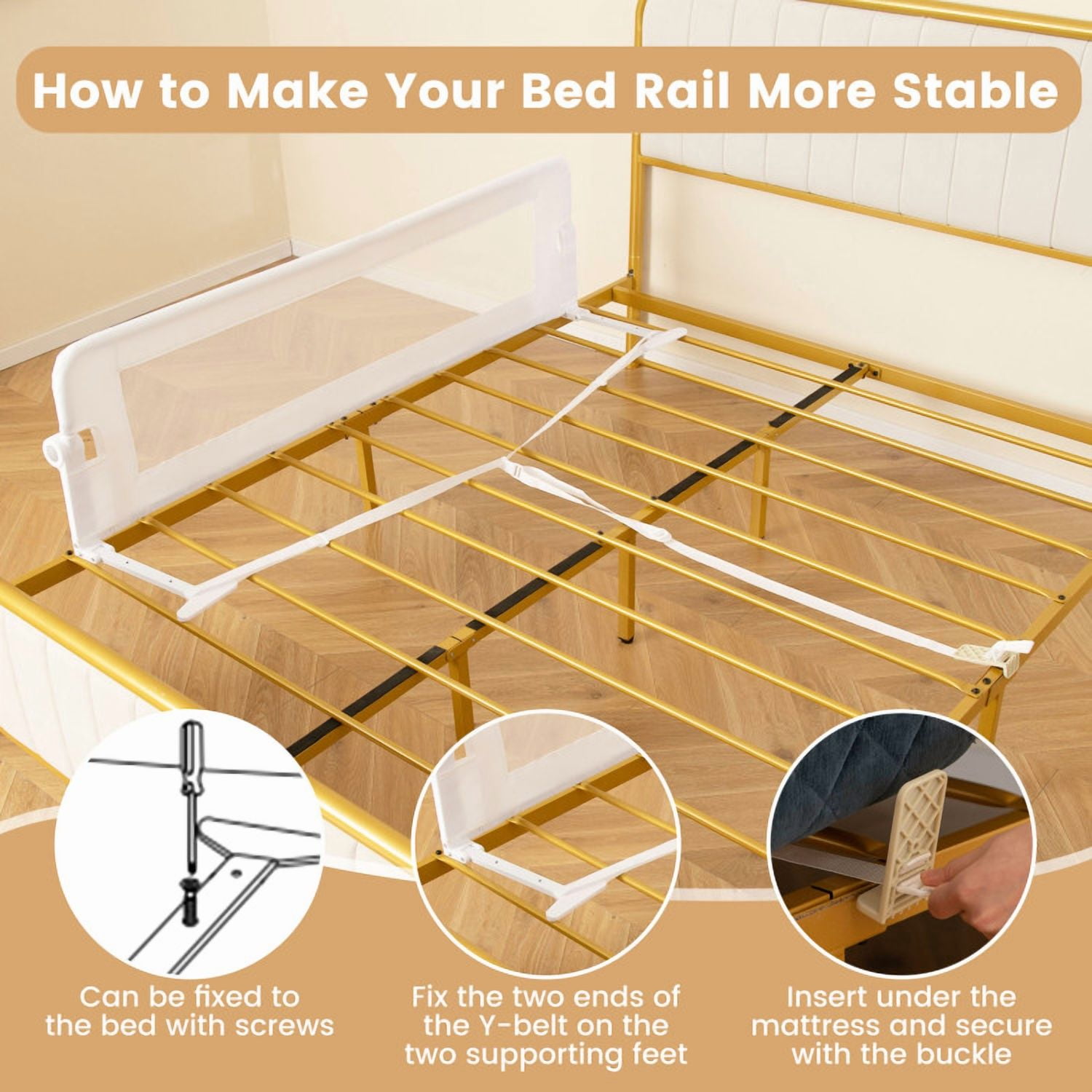 Spaco 60-Inch Foldable Bed Rail Swing Down Baby Bed Guard Rail with Adjustable Safety Strap-White, Bed Rail for Queen, King, Twin, and Bunk Size Beds