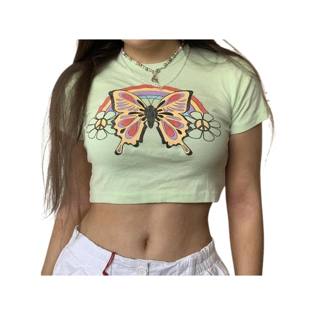 SAYOO Mujeres Adolescentes Vintage Lindo Estampado gráfico Crop Tops Manga corta Slim Fit Mariposa Letra Rhinestones Tee Tops Estética E-Girl Streetwear SAYOO Moda