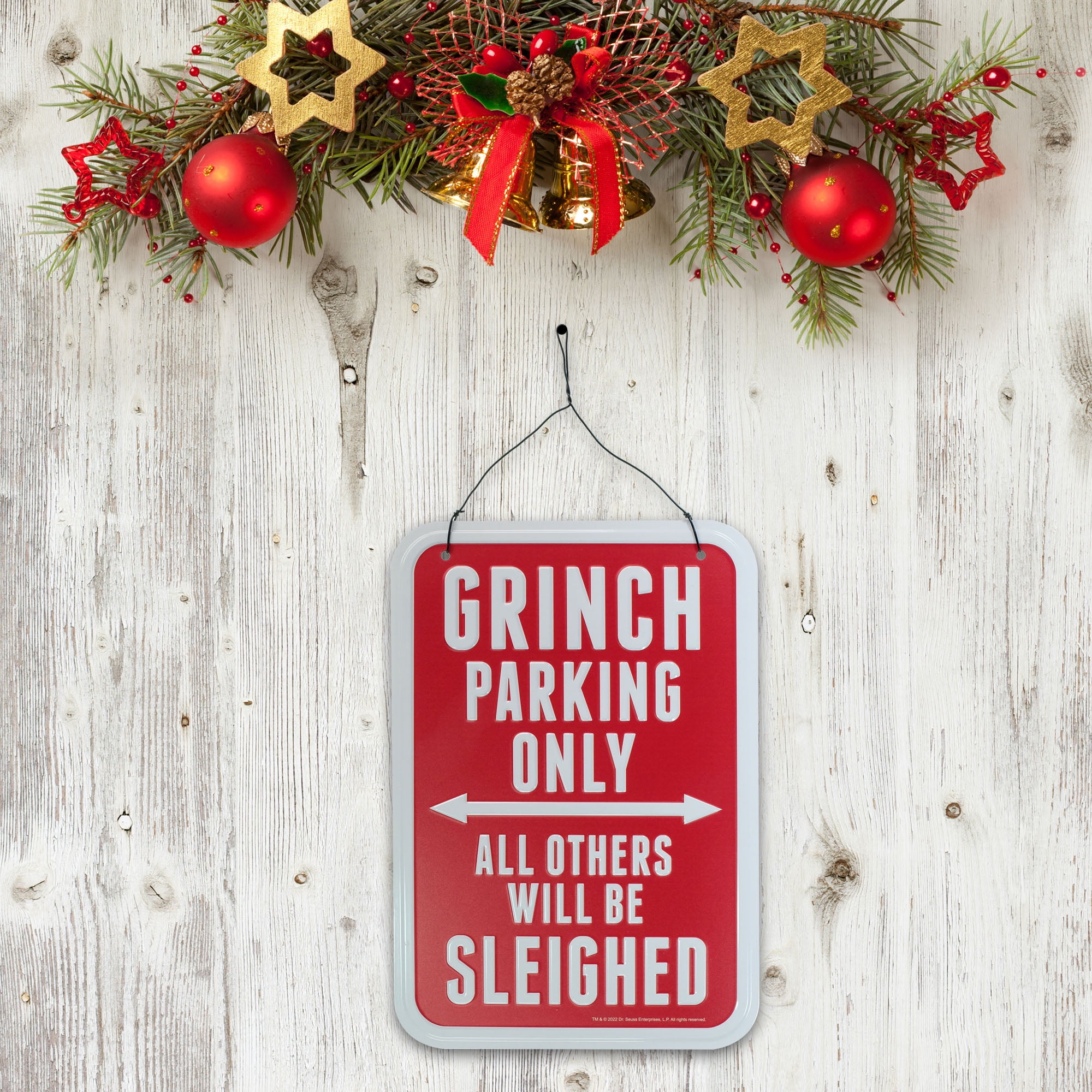 Dr. Seuss' The Grinch Who Stole Christmas Dr Seuss' The Grinch Who Stole Christmas, "Grinch Parking Only" Rectangular Hanging Sign 8 inches Tall, Metal, Red
