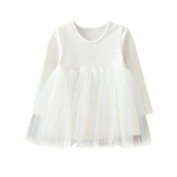 Mitankcoo Girls Long Sleeve Tulle Dress Round Neck Knit Top Tutu Mesh Skirt for Casual Daily Outfit Dresses 0-3Y