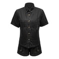 thumbnail image 7 of Women's Vintage Denim Shirt, Short Sleeve Button Down Shirt with Chest Pockets, Relaxed Fit Casual Jean Top, Summer Denim Shacket and Oversized Jean Shirt-Black, 7 of 7