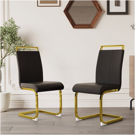Modern Faux Leather Dining Chairs Set of 2, High Back Upholstered Side Chairs with Golden Metal Legs for Kitchen Office Dining Room
