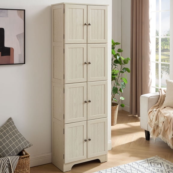 S-HOME Contemporary 72.4" Tall Storage Cabinet with 8 Doors and 4 Shelves for Living Room Kitchen Office Freestanding Organization Solution, White