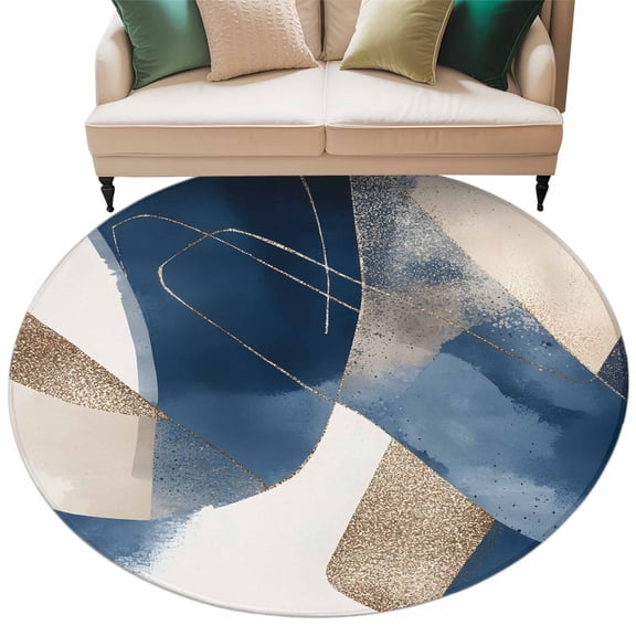 Navy Blue Geometric Large Area Rugs for Bedroom Living Room, Soft Non Slip Carpet Bedside Rug, Abstract Art Modern Round Floor Cover Kitchen Accent Rug 5' for Dining Room/Office