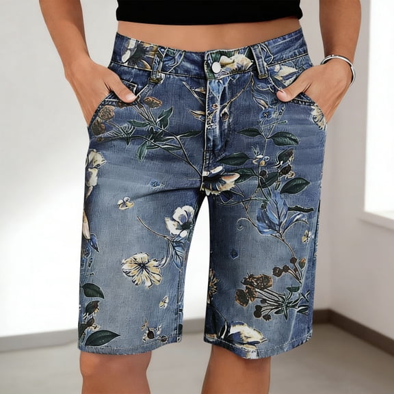 Danhjin Blue Women High Elastic Waisted Denim Shorts Stretchy Lightweight Summer Jean Shorts With Ripped Frayed Hem Trendy Casual Daily Comfy Style With Pockers