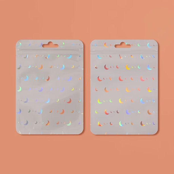 100 bolsas holográficas de Mylar con patrón de luna y ventana frontal, bolsas de embalaje de muestra sellables