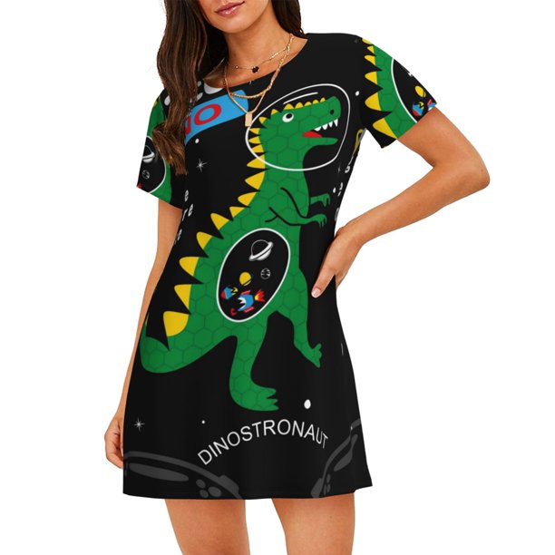 Fotbe Space Dino Cartoon Black Bata de Dormir para Mujer con Estampado, Camisón de Algodón de Manga Corta, Ropa de Dormir Casual