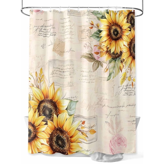 Pastoral Sunflower Shower Curtain, Plant Country Vintage Letter Background Waterproof Shower Curtain Set with 12 Hooks Lightweight Washable Fabric Shower Curtains for Bathroom 60x72 Inches