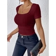 thumbnail image 5 of Biezeib Women's Summer Knit Cropped Tops Solid Color Ribbed U-Neck Short Sleeve Show Navel Knitwear, 5 of 6