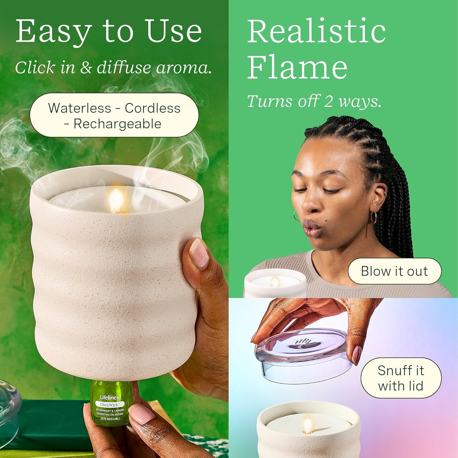 Lifelines Flameless Candle Diffuser with ClickWick Essential Oil Blend, Rechargeable & Waterless Aromatherapy Diffuser for Home and Office, Ribbed Pink Jar