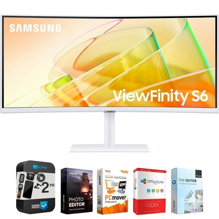 Samsung 34" ViewFinity S65TC Ultra-WQHD 100Hz AMD FreeSync HDR10 Curved Monitor Bundle with Tech Smart USA Elite Suite 18 Standard Editing Software Bundle   2 Year CPS Enhanced Protection Pack
