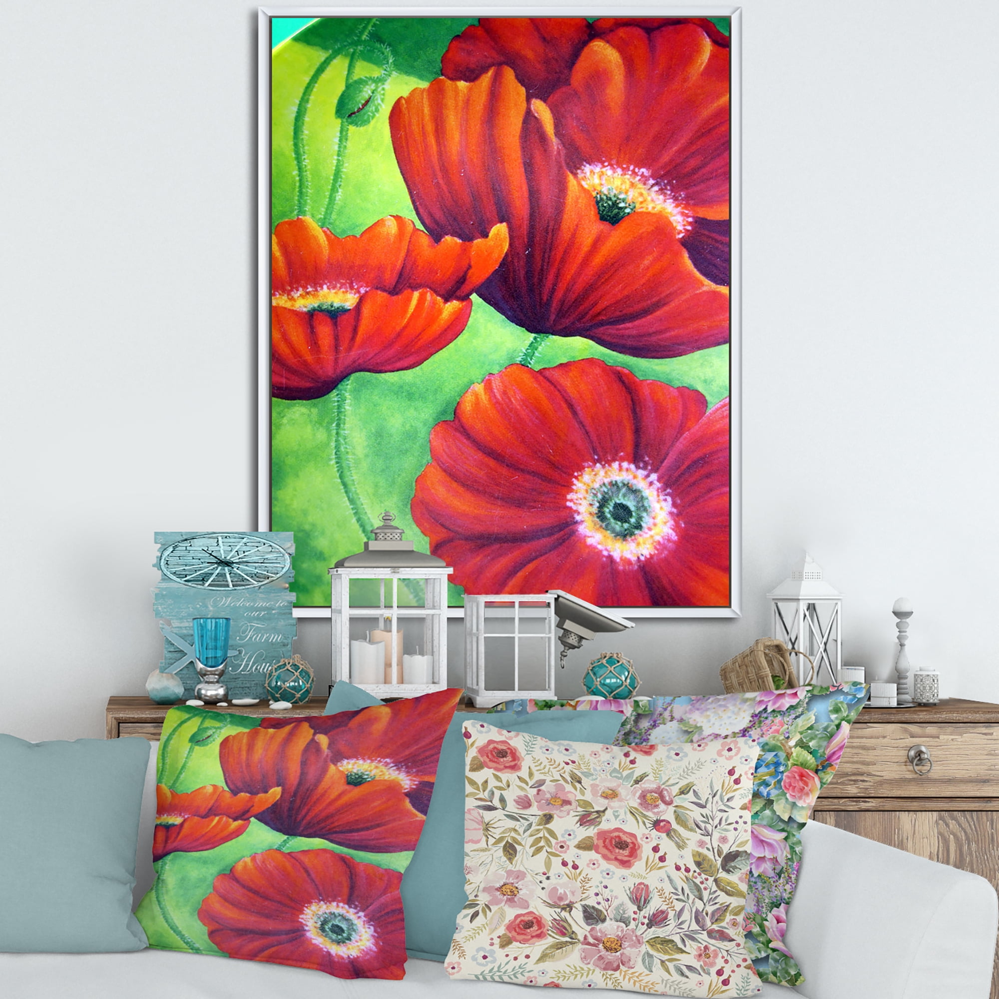 Red Blossoming Poppies Over Wild Green V 12 in x 20 in Framed Painting Canvas Art Print, by Designart