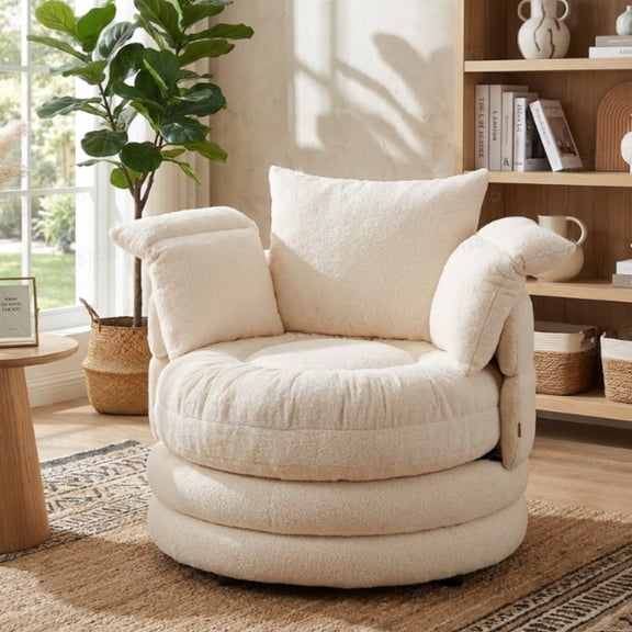 Pinmoco 360° Swivel Accent Chair Barrel Chair, Oversized Chair with 3 Pillows, Upholstered Sofa Chair for Living Room, Bedroom, Reading, Reading,Teddy Velvet Off-White