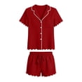 thumbnail image 5 of DYTTDG Solid Color Pajama Set for Women Short Sleeve Flouncing Cuff Shirt with Short Pajama Pant Set Soft Button Down & Drawstring, 5 of 6