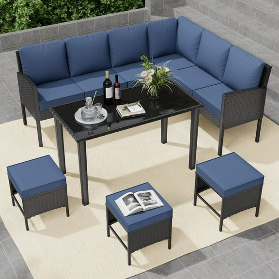 Wallowsun 7-Piece Outdoor Conversation Sets, Steel Frame Reclining Patio Furniture with Glass Table and Ottomans, Black/Blue