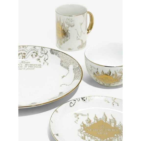 Harry Potter Marauder's Map Porcelain 16 Piece Set - Includes 4 Dinner Plates, 4 Salad Plates, 4 Bowls and 4 Mugs - Gold Marauders Map Design