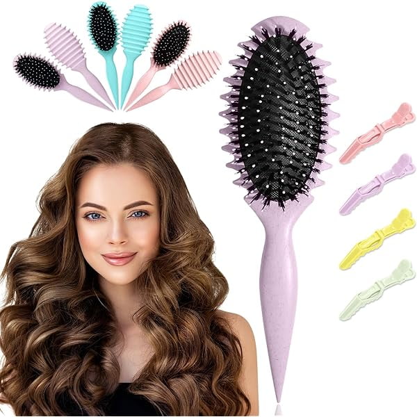 wonima11 Curl Defining Curly Hair Brush,Hair Styling Brush with Gator Clips,Curling Define Edge Lift Styling Brushs for Curly Wet Detangling,Shaping & Defining Curls for Women Men(Purple)