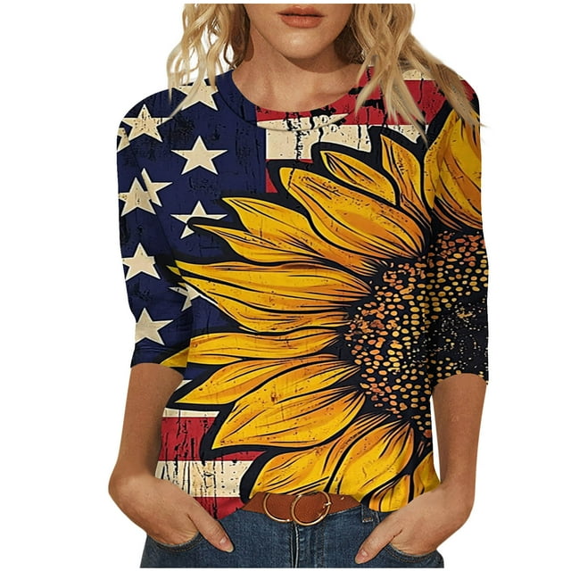 VEKDONE T-Shirts Graphiques Drapeau Américain pour Femmes Manches 3/4 Col Rond Blouse Décontractée Extérieure Patriotique Bleu TTG