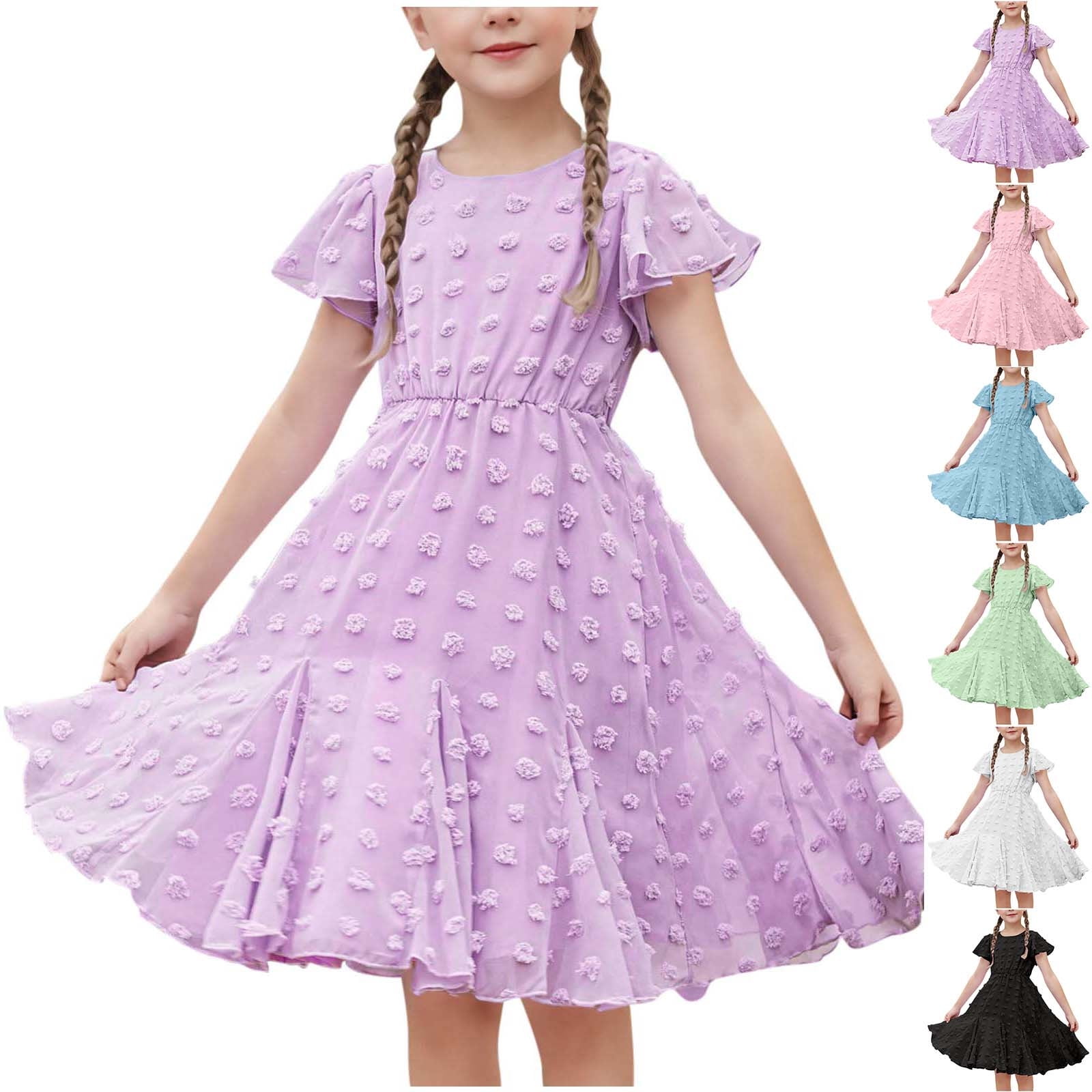 Tween Girls Cute Dress Swiss Dot Ruffle Short Sleeve Twirly Layered Birthday Party Midi Dresses for 5-15 Years Purple