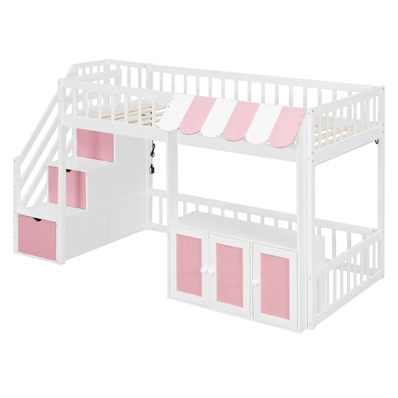 Twin Size Playhouse Kids Loft Bed with Eaves Design, Wood Child Bed Frame with Storage Staircase, LED Light & Under Bed Cabinets