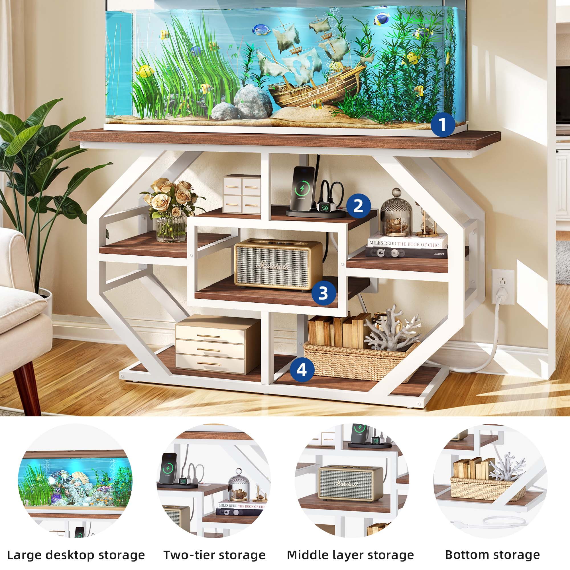 Uforic 55-75 Gallon Aquarium Stand with Power Outlets, Cabinet for Fish Tank Accessories Storage - Heavy Duty Metal Fish Tank Stand, 865LBS Capacity, White & Walnut