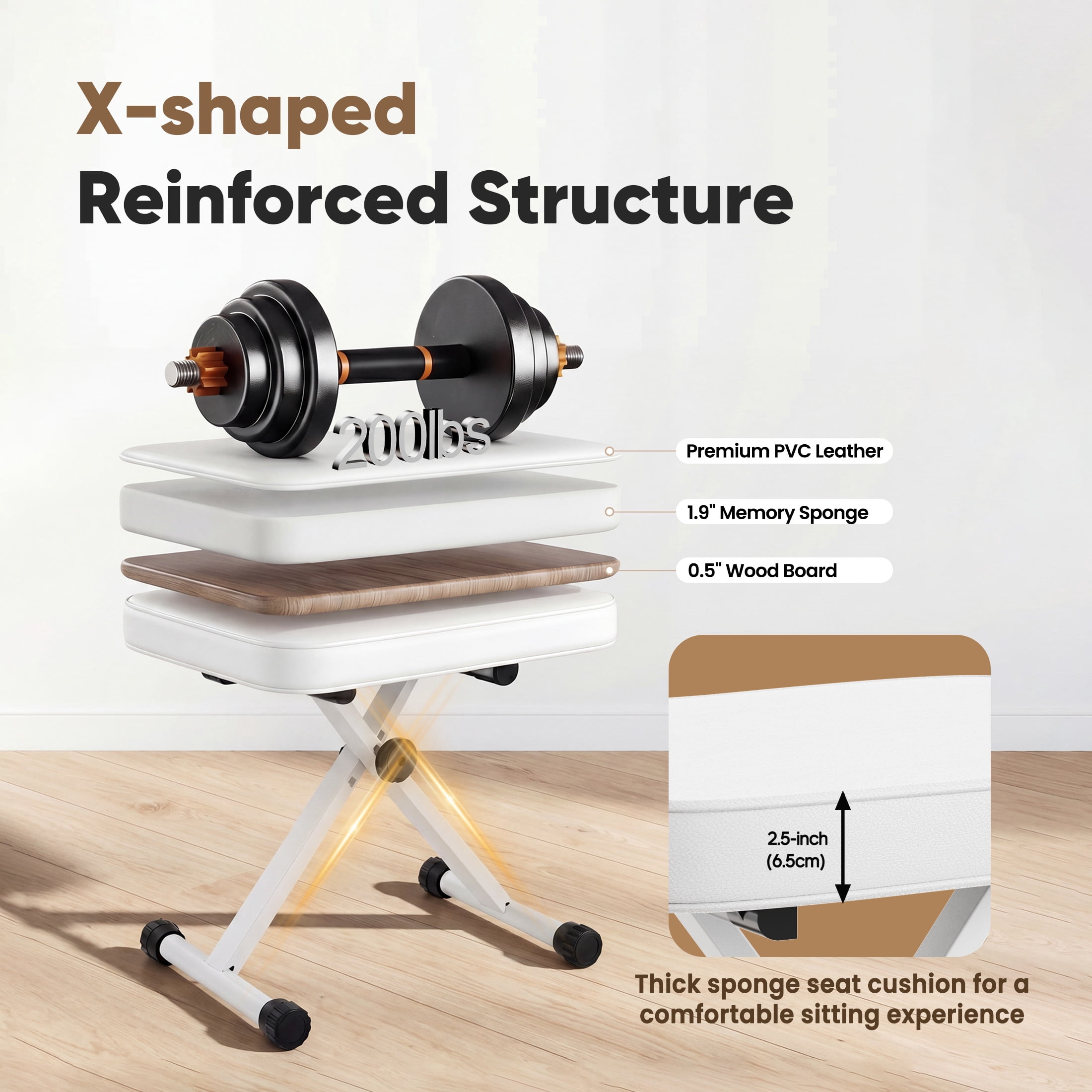 EDX Adjustable Height Piano Bench / Music Performance Stool - 3-Level Height Adjustment, Non-Skid Design,High-Density Sponge Padded, Portable & Foldable X-Style Seat, 250LBS Weight Capacity, White