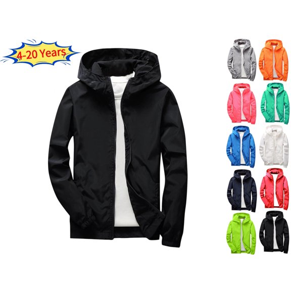 Kids Lightweight Windbreaker Jacket Hooded Full Zip Water-Resistant Outdoor Coat Long Sleeve Casual Sportswear for Boys Girls (Ages 3-19 Years) School Daily Wear Fall Activities