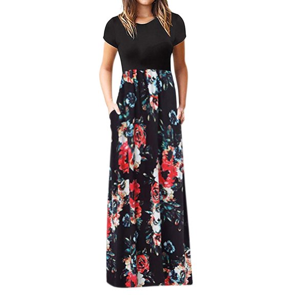 Uhndy Casual Long Dress For Women Boho Beach Sundress Striped Floral Print Pocket Splicing Short Sleeve Maxi Shirt Dress black 2XL-LQ
