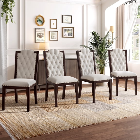 JUYG 4-Pack Beige/Espresso Dining Chair, Diamond Tufted, Solid Wood Legs, Nailhead