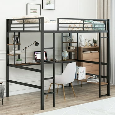 Euroco Twin Size Loft Bed with Built-in Desk and Shelves for Kids Teens ...